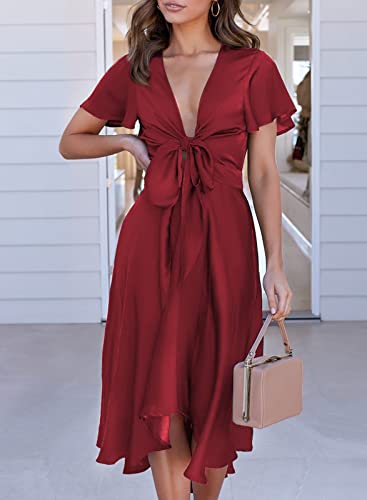 Image of miduo Womens Satin V Neck Ruffle Short Sleeve Tie Front High Waist Midi A-Line Maxi Dresses