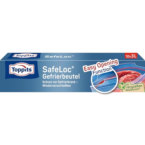 Toppits Doppelverschluss-Gefrierbeutel SafeLoc - 12 x 3L, Extra dick & reißfest, Transparent, Ideal für Lebensmittelaufbwahrung