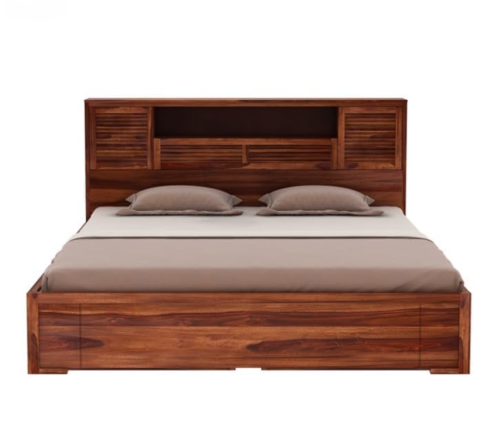 Image of Solid Sheesham Wood Bed with Storage | Wooden Bed with Drawer Storage & Designer Headboard | Strong & Durable Bed Frame for Bedroom Home & Hotel (Honey Finish, King)