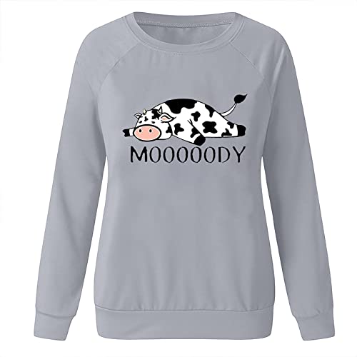 Lemononstore Cow Print Sweatshirts For Women Crewneck Long Sleeve Shirts Cute Animal Lovers Pullover Tees Loose Casual Tops #TOP3