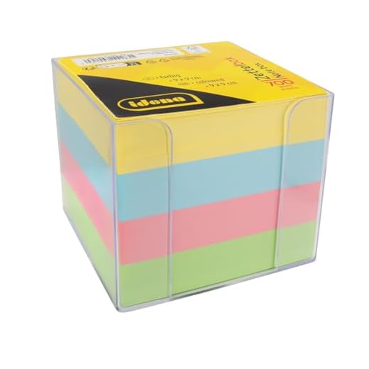 Idena 11183 - Bloc de notas, transparente, 9 x 9 x 8 cm, incl. bloc de 700 hojas, papel FSC-mix en 4 colores