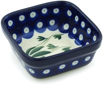 Polmedia Polish Pottery Square Bowl 4-inch - Garden Pot Pattern Handmade in Boleslawiec Poland by Ceramika Artystyczna + Certificate of Authenticity