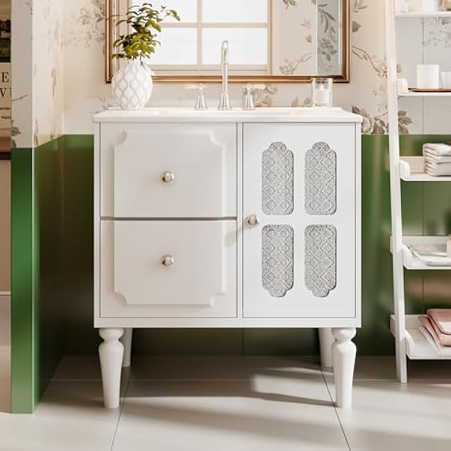 Bathroom Vanity Set, 36 Bathroom Vanity with Resin Sink Combo, Solid Wood Frame Bathroom Storage Cabinet with 5 Drawers & Soft Closing Doors, MDF Boards, Gold Metal Knobs