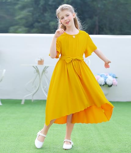 Girls Ruffle Dress Summer Plain Casual Irregular Party Dress with Belt 7-14 Years4