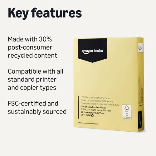 Image of Amazon Basics 30% Recycled Color Copy Paper, 8.5 inch x 11 inch, 20lb, Pastel Canary, 500 Sheets (Pack of 2)