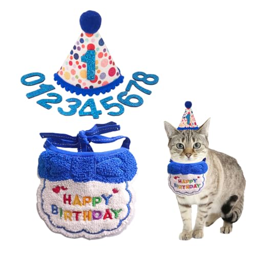 Kit de gorro de cumpleaños para perros y gatos, juego de 11 piezas con 1 gorro, 1 collar y 9 números, gorro de cumpleaños para perros pequeños, medianos y grandes (azul)