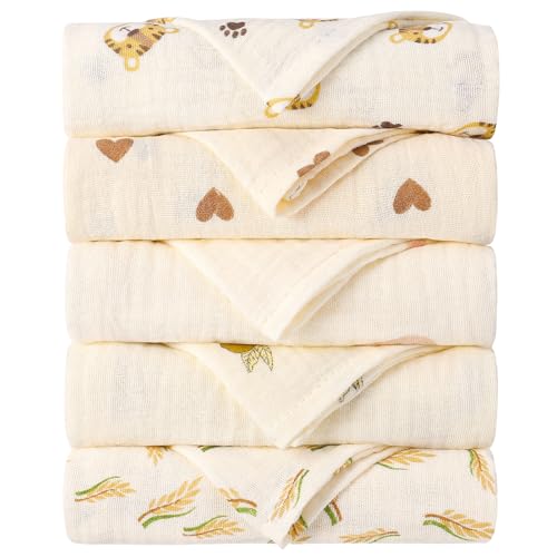 GSrenyu 5 Pack Muslin Cloths For Baby, 38x40cm Muslin Squares 100% Cotton Muslins Baby Girl Wiping, Bathing, Feeding