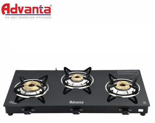 Image of Advanta 3 Burner Glass Top Gas Stove, ISI Certified, 69 x 42 cm, Black, Brass Burners