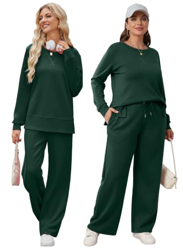 Image of OFEEFAN Women's 2 Piece Lounge Set Travel Airport Outfits Side Slit Tracksuit Wide Leg Loungewear Baggy Comfy Sweatsuit S-3XL