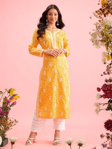 Image of Ada Women's Cotton Straight Fit Straight Hand Embroidered Lucknowi Chikankari Kurta Kurti A411378
