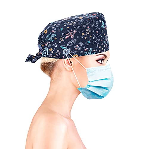 Yolev 3 Pack Scrub Cap Printed Bouffant Cap Working Cap Beanie Hat Adjustable Sweat Absorption Cap with Sweatband for Women