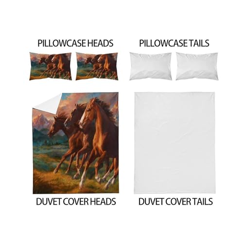 Housse de couette cheval 3D en microfibre 260x220 cm avec taies