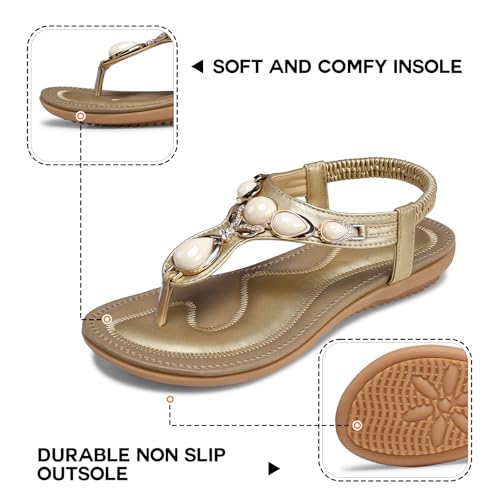 Image of SHIBEVER Dressy Flat Women Sandals: Comfortable Summer Thong Flats Sandal | Arch Support Walking Ankle Strap Dress Rhinestone Bling Womens Sandal - All Day Comfort Casual Beach Boho Women's Shoes