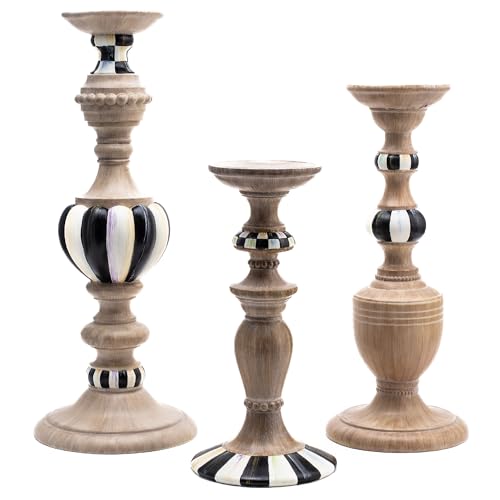 MACKENZIE-CHILDS Pillar Candle Holders, Decorative Candlesticks, Black-and-White Courtly Check and Courtly Stripe, Set of 3