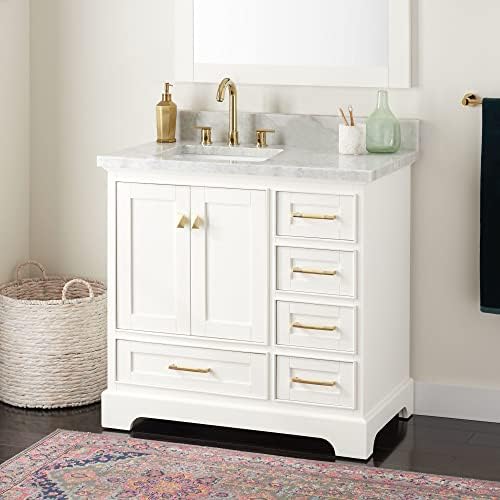 Signature Hardware 480658 Quen 36" Free Standing Single Vanity Set with Wood Cabinet, Vanity Top and Rectangular Undermount Vitreous China Sink - 8" Faucet Holes - Soft White/Carrara Marble