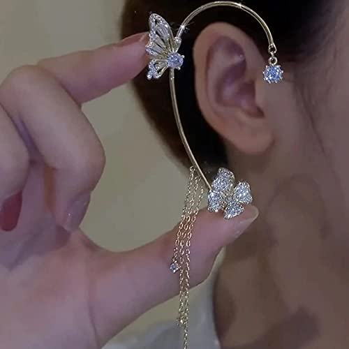 Yrlilicc 2Pcs Crystal Butterfly Flower Ear Cuffsnon-Pierced Vintage Sparkling Rhinestone Butterfly Tassel Cartilage Climber Ear Wrap Prom Party Ear Jewelry For Women (Gold) #TOP5