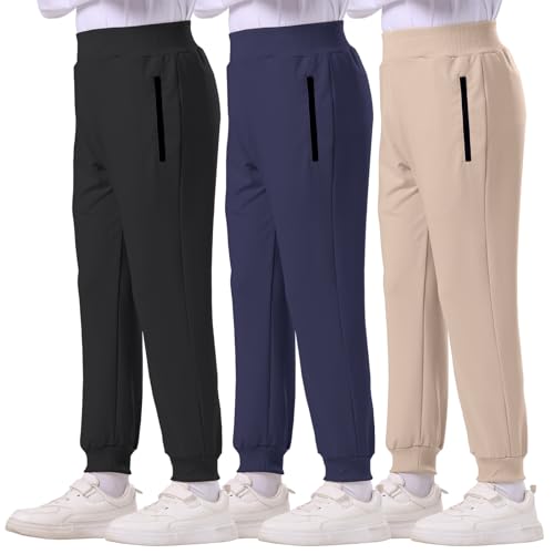 BINPAW 3 Pack Boys Sweatpants Kids Athletic Workout Joggers with Zipper Pocket Active Pull On Sweat Pants 5-16 Y