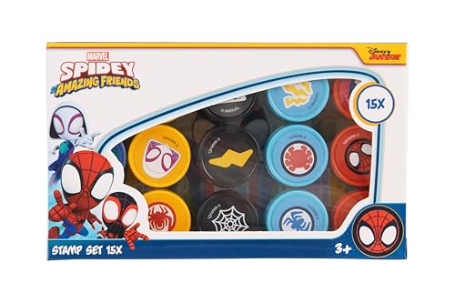 Conjunto de selos para crianças Spidey e seus superamigos, 15 brinquedos de marca da Marvel, conjunto de trabalhos manuais a partir dos 3 anos, caixa de carimbos para aniversário infantil, artesanato