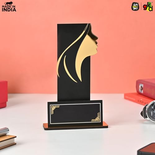Image of GKD Wooden Women's Trophy Award | Female Achievement Award, Employee Recognition, Corporate Appreciation Memento, Leadership Award Trophy | Self-Customizable with Stickers (Black & Gold)