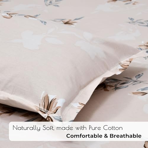 Image of Cotton King Size Bedsheet 108x108 Super King, 100% Pure Cotton Bed Sheet with 2 Pillow Covers, 240 TC Soft Breathable Floral Design Bedding - (Cocoa Blossom, Super King)