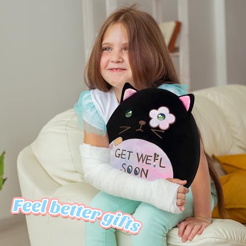 Image of Easfan Get Well Soon Stuffed Cat Plush Pillow, Cozy Black Kitty Snuggle Soft Toy with Rainbow Belly, Gifts or Patients Girls Boys Women Men After Surgery, 12 inch