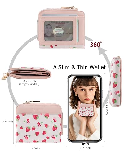 Image of Small Bifold Wallets Woman RFID Mini Wallet for Women Slim Card Holder with Zipper Coin Pocket & 2 ID Windows(Pink-Strawberry)