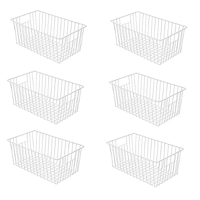 lonpute 16Lx12Wx6H inch Wider Freezer Organizer Baskets Container, Refrigerator Metal Wire Storage Bins with Handles for Kitchen, Pantry, Cabinet, Closets - Pearl White?6 Packs