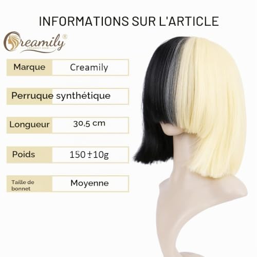 Creamily Perruque synthétique lisse, mi-blonde, mi-noire, 2 tons, pour cosplay, fête, usage quotidien, pour femmes et filles – vue 2