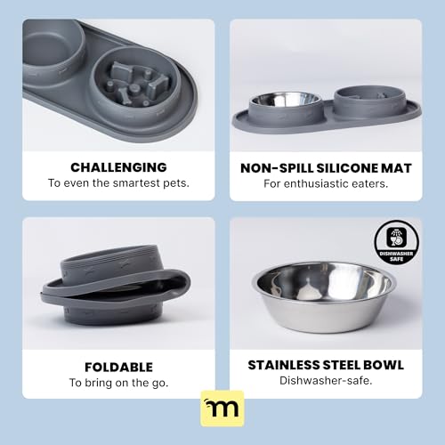 MalsiPree 2-in-1 Puppy Slow Feeder & Water Bowl Set - Essential Dog Gift for Small & Medium Pups - Silicone Feeding Mat & Stainless Steel Bowls, Travel-Ready Training Station for Fast Eaters - Gray - Image 6