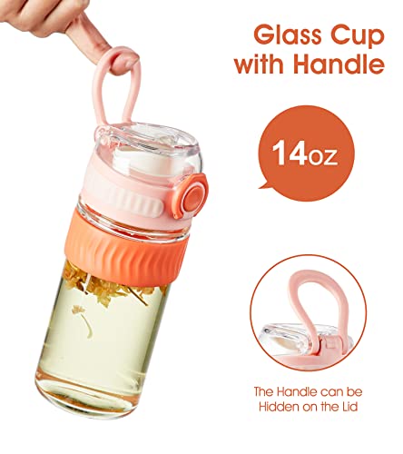 Tkk Glass Travel Mug With Spill Proof Lid & Carry Handle, 14 Oz Reusable Leak Proof Iced Coffee Cup, Anti-Slip Silicone Sleeve - Bpa Free, Pink #TOP3