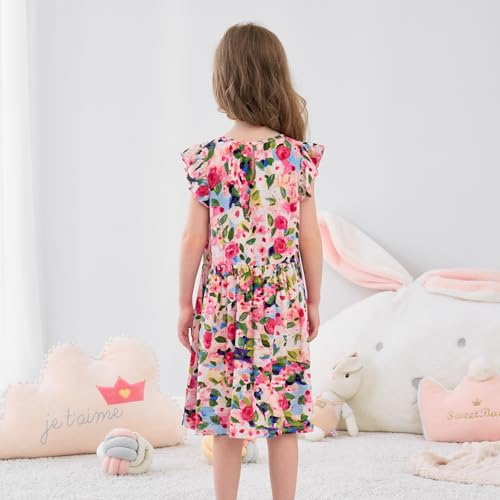 Girls Dress Flutter Ruffle Sleeve Boho Flower Floral Strawberry Sundress for Kids Casual Midi Dresses 3-10 Years2