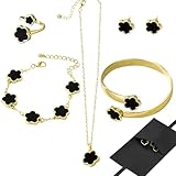GyovinnJuwanua Lucky Flower Alloy Jewelry - 5Pcs Lucky Flower Design Necklace Earrings Bracelet Bangle Ring Jewelry Set, Clover Gold Plated Chain Wrap Ornament & Plush Pouch for Women (Black)
