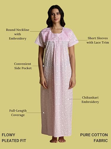 Image of 9shines Label Stylish Chikankari Cotton Nighty Maxi for Women | Full Length Nightgown | Nightdress with Pocket | Embroidery Nighty | Soft Comfortable Cotton Nightwear (1545)