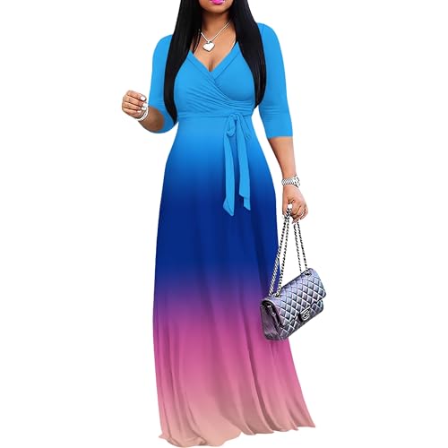 Image of PinkPatty Women's Plus Size Maxi Dress Casual 3 /4 Sleeve Dress with Belt | Soft stretch feel, printed style, flowy A-line fit, v neck, waist tie, side pockets, for vacation, party and daily wear