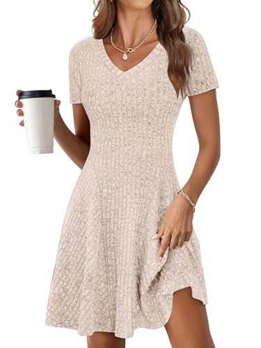 ANRABESS Womens Summer Dresses Casual Short Sleeve Ribbed Knit V Neck Swing A-Line 2026 Spring Vacation Tunics Short Dress Light Khaki Small