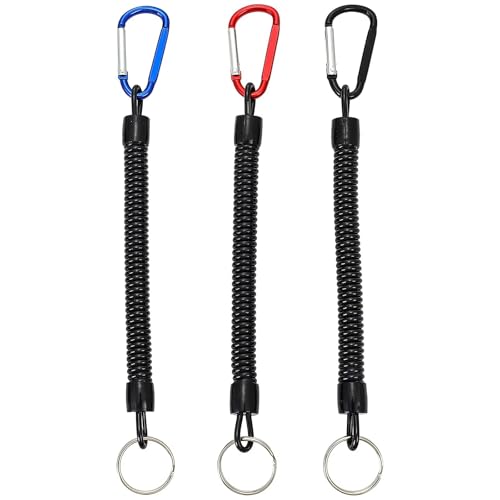 WOLMIK Stretchy Spiral Keyring - 3 PCS Bungee Keyring Spiral Keychain Safety Spring Key Holder with Carabiner Clip for Backpack, Keys, Phone, Wallet, Fishing Tool - Black, Red, Blue