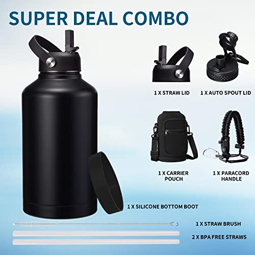 64 Oz Insulated Water Bottle With Straw & Auto Spout Lids, Paracord Handle, Half Gallon Waterbottle Strap Carrier & Protective Boot, Wide Mouth Metal Canteen Thermo Mug, Leak-Proof Sports Hydro Jug #TOP1
