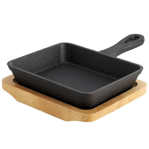 Elama MegaChef Cast Iron Mini Fry Pan/Saute Pan with Wood Tray Cookware Bakeware Serveware