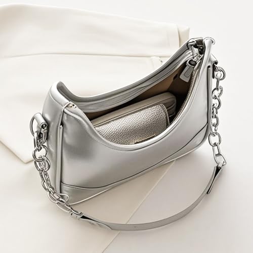 small hobo shoulder bag for women metallic handbag with chain strap crescent purse