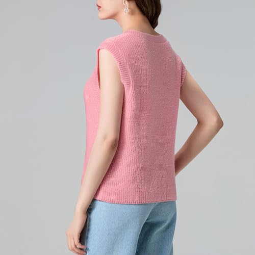 Image of Women Knitted Tank Tops Vintage Sleeveless Button Down Solid Color Button Front Basic Vest Summer Sweater Shirt (Pink, XL), X-Large