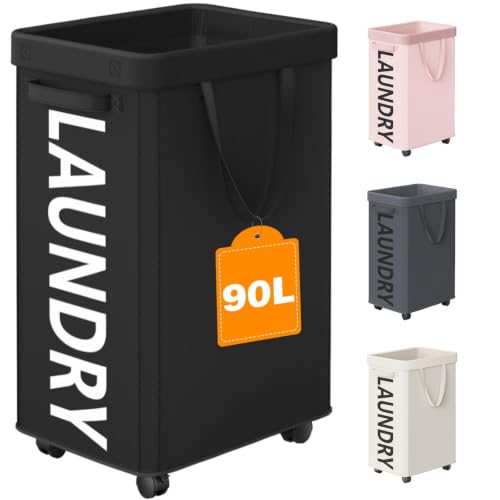 Image of Optish Laundry Basket with Wheels, 90L Rolling Laundry Hamper with Wheels, Large Clothes Hamper on Wheel with Removable Mesh Bag for Bedroom, Dorm Room Essentials, Black