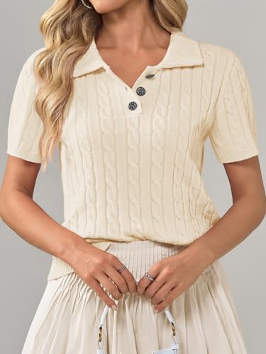 Image of Imily Bela Womens Polo V Neck Pullovers Lightweight Short Sleeve Cable Knit Sweater Business Casual Summer Tops 2025
