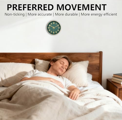 Image of Wall Clock, 8 Inch Wall Clocks Battery Operated, Modern Non Ticking Silent Digital Analog Small Wall Clock for Bedroom Living Room Kitchen Office Gym Classroom Outdoor Clocks, Gold Green