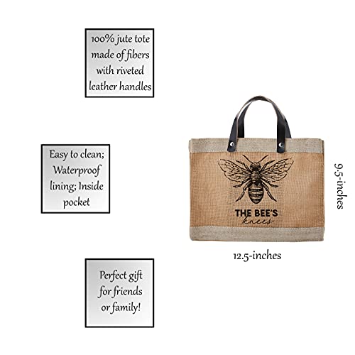 Image of Santa Barbara Design Studio Mini Jute Tote - Natural Burlap Hand Bag with Waterproof lining and Leather Handles, 12.5 inch x 9.5 inch, Bees Knees