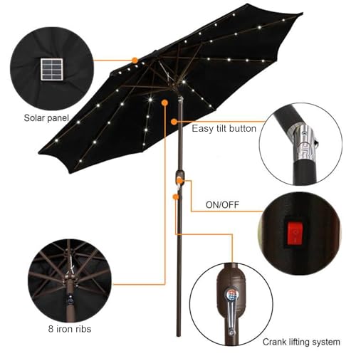 Image of Blissun 9 ft Solar Umbrella, 32 LED Lighted Patio Umbrella, Table Market Umbrella, Outdoor Umbrella for Garden, Deck, Backyard, Pool and Beach (Black)