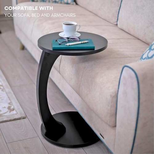 Image of Multipurpose Round Coffee Table, Wooden Couch Sofa Table that Slides Under, C-Shaped End Table for Living Room, Bedroom, or Apartment (Black)