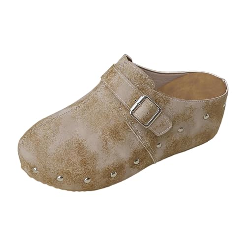 Image of Generisch Clogs Mules Women's Leather Slippers Cork Footbed Mules Comfortable Slippers Classic Closed Slippers Flat Comfortable Summer Shoes Soft Foot Bed Slippers, beige, 5 UK