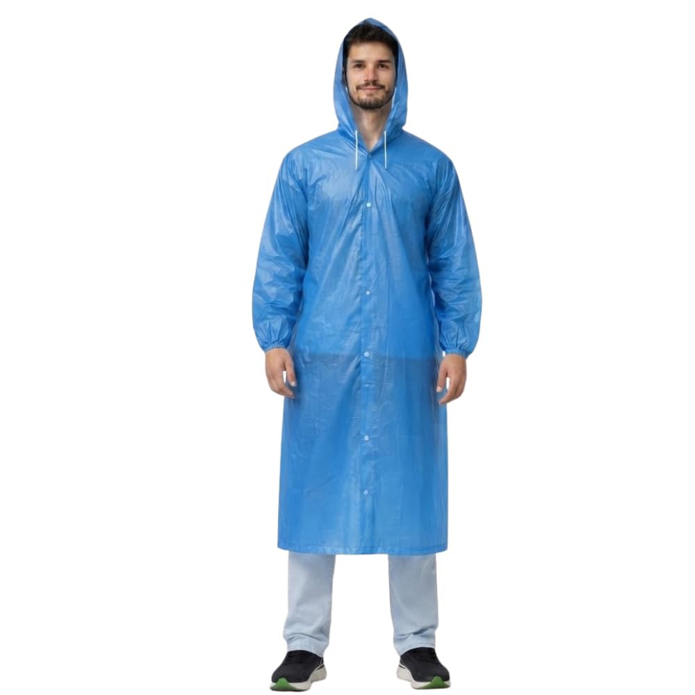 (𝐒𝐩𝐞𝐜𝐢𝐚𝐥 𝟏𝟓 𝐘𝐞𝐚𝐫𝐬 𝐖𝐚𝐫𝐫𝐚𝐧𝐭𝐲 EVA Reusable Waterproof Raincoat with Hood, Dark Blue, Elasticated Full Sleeves, Button Closure, Knee Length Rainwear for Men & Women-image-3