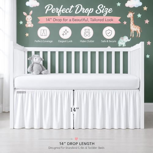 Image of Crib Bed Skirt Dust Ruffle with Split Corners - 100% Cotton - Nursury Standard Crib Bedding Toddler Bedskirt for Baby Boys or Baby Girls - 14 inch Drop - White Crib Skirt