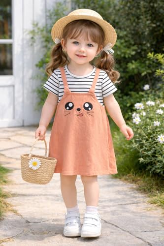Image of Bold N Elegant Multicolor Stripe Cartoon Face Summer Tunic Pinafore Pinny Midi Dress Frock for Infant Toddler Baby Girls